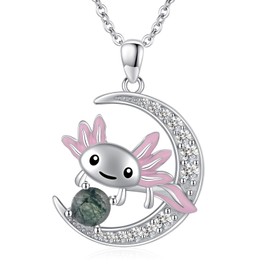 TwoAnts Axolotl Necklace 925 Sterling Silver Cute Animal Pendant Necklace with Moss Agate Axolotl Jewelry Gifts for Women