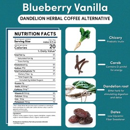 Teeccino Dandelion Blueberry Vanilla Chicory Coffee Alternative - Ground Herbal Coffee That’s Prebiotic, Caffeine Free & Acid Free, Medium Roast, 10 Ounce