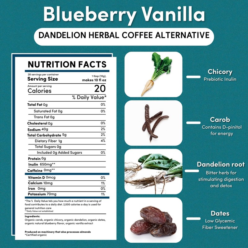 Teeccino Dandelion Blueberry Vanilla Chicory Coffee Alternative - Ground Herbal