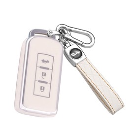 HIBEYO Key Fob Cover Compatible with Mitsubishi Outlander Sport Eclipse Cross ASX Mirage RVR Lancer Fortis Ex Car Accessories TPU Silver-Edge Car Accessories with Leather Keychains -Whtie
