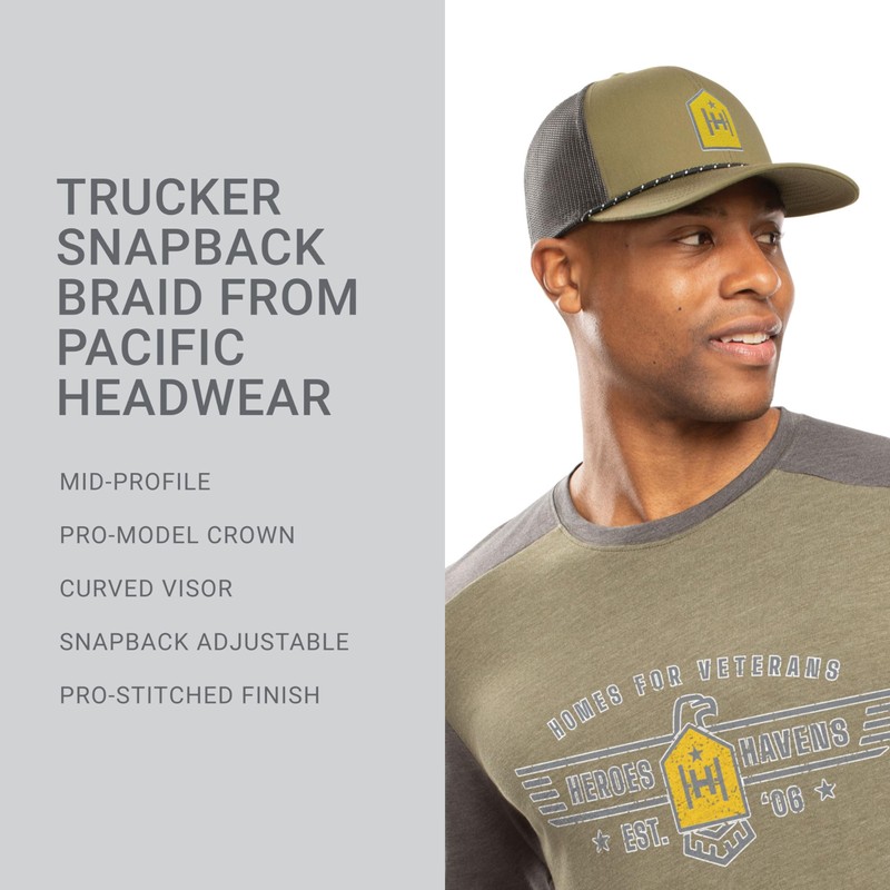 Pacific Headwear Trucker Snapback Braid Cap, Moss Green/Black