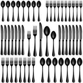 60 Pcs Black Silverware Set, Stainless Steel Flatware Set Service for 12, Mirror Polished Cutlery Utensil Set, Durable Home Kitchen Eating Tableware Set, Include Fork Knife Spoon Set, Dishwasher Safe