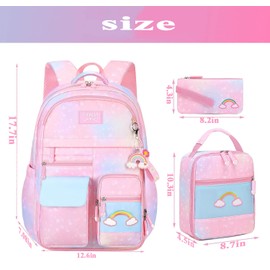 GDEMXOAN 3pcs Girls Backpack, Kawaii School Backpack For Kids Children With Lunch Bag and Pencil Case (rainbow, pink)