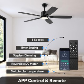 SUNMORY 52" Ceiling Fans with Lights, Smart Ceiling Fan with APP and Remote Control, Reversible DC Motor, Noiseless, Stepless Dimmable, Modern Ceiling Fan for Indoor/Outdoor Use, Black