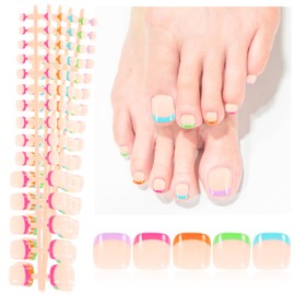 JSRQT 150Pcs French False Toenails, 5 Colors Full Cover Artificial Toe Nails with Handles, 3 in 1 X-Coat Tip Stick On Gel French Toe Nails for Women Girls, for DIY Nail Art at Home or Salon