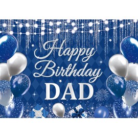 Happy Birthday Dad Backdrop Blue Silvery Glitter Balloons Fathers Birthday Father's Day Party Photography Background Mens Daddy Family Party Decor Banner Photo Booth Props (6x4FT)