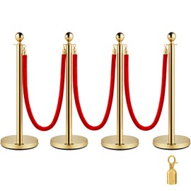 Vevor Velvet Ropes and Posts 4 Pcs, 3 Red Velvet Rope 5 ft, Stanchion Post with Ball Top, Crowd Control Barriers Gold Stanchions, Red Carpet Poles, Crowd Control Ropes and Poles for Party Supplies