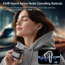 IAMJOY AI Translation Earbuds, 163 Language Two-Way Translator Device with Bluetooth and APP Built-in 6 Mics, 42dB Hybrid Noise Cancelling Language Translator Earbuds, Black