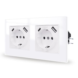 JIMEIDA Glass Double Socket with USB White Flush-Mounted, USB A and Type C Port Max. 2.1 A, 16 Amp Tempered Glass Panel Socket 157 mm x 86 mm, 2 Compartments, 250 V