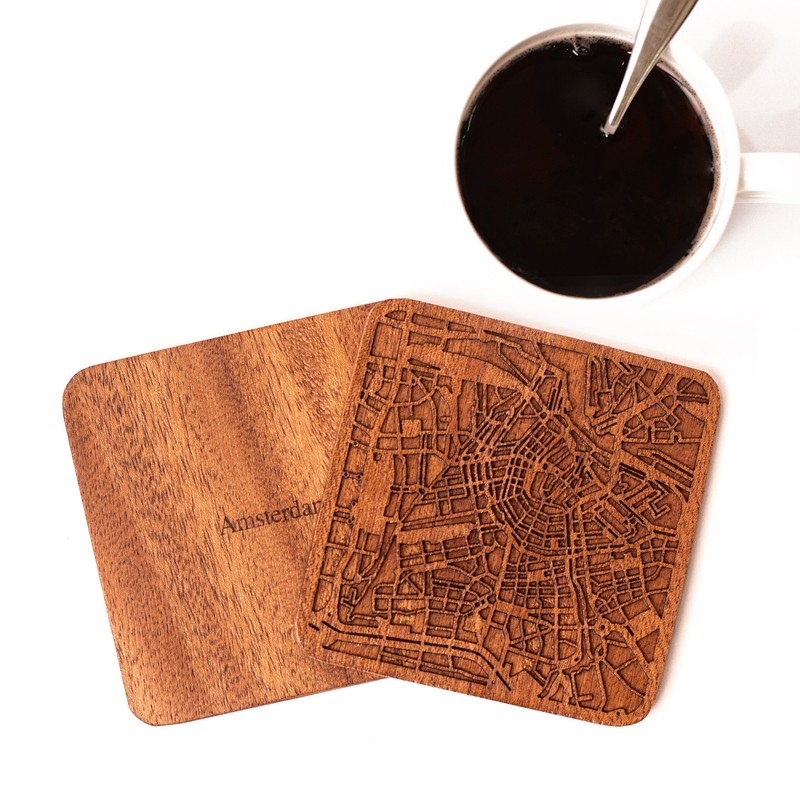 Amsterdam Map Coaster, Set of 4, Sapele Wooden Coaster with