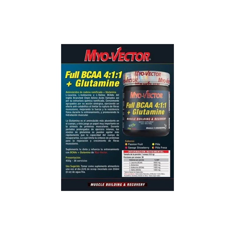 Bcaa 4:1:1 Glutamina Myo-Vector 450g Sabor Maracuyá Vegano