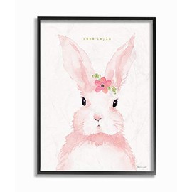 Stupell Industries Baby Lapin French Pink Watercolor Bunny with Flower Black Framed Wall Art, 11 x 14, Multi-Color