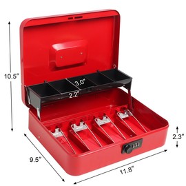 Cash Box with Money Tray and Combination Lock, Parrency Large Money Box, 5 Compartments for Cions & 4 Spring-Loaded Clips for Bills, 11 4/5" x 9 2/5" x 3 1/2", Red