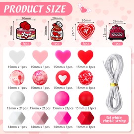 100PCS Valentines Silicone Beads,Valentines Beads for Pens,Heart Shape Silicone Focal Beads,Love Beads Set,Valentine's Day Bracelet Making Kit,15mm Bulk Silicone Beads for DIY Crafts Keychain