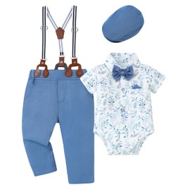 WESIDOM Baby Boy Clothes Suit 0-24M Infant Gentleman Wedding Outfit, Shirt+Bowtie+Beret+Suspender Pants Clothing Set