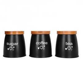 3Pcs Coffee Tea Sugar Container Set Bamboo Lid Durable Iron Easy Storage Good Sealing Kitchen Canisters for Home OfficeBlack