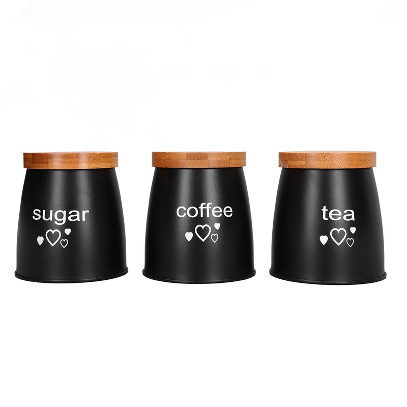 3Pcs Coffee Tea Sugar Container Set Bamboo Lid Durable Iron