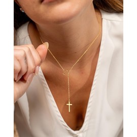 De Amo Sara Cross Necklace for Women, Dainty 14K Gold Plated Cross Pendant Simple Long Necklaces for Women, Christian Faith Necklace Trendy Gold Jewelry Gifts for Easter