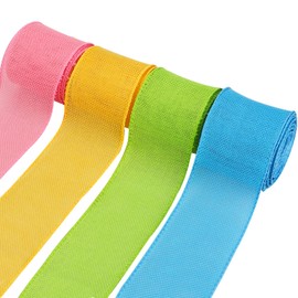 Kingovalley 4 Rolls Easter Wired Ribbons, 2.5 inch x 24 Yards Pink Yellow Blue Green Wired Edge Ribbons Burlap Wrapping Ribbons for DIY Crafts Easter Day Decorations