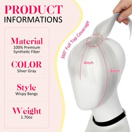 FELENDY Silver Gray Clip in Bangs, 360° 3D Cover Bangs Hair Clip, Fake Bangs Hair Topper for Women Fringe Hair Extensions, Synthetic Wispy Bangs Clip on with Temples