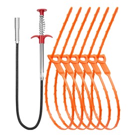 Oanie 7 Pack 25inch Drain Clog Remover Tool, Drain Cleaner Hair Clog Remover(6pcs),rain Cleaner Sticks to Drain Hair Clog for Remover(1pcs), Sink Snake for Shower Kitchen Sink Bath Tub Bathroom(6+1)