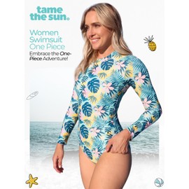Tame the Sun Long Sleeve Swimsuits for Women - Ages 4 to 16 - Floral Rash Guard One Piece Bathing Suit - UV Protection Zipper Womens Swimsuits - Athletic Swimsuits for Women (Hibiscus, 8)