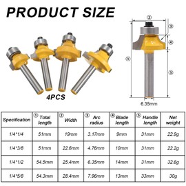 1/4 Inch Shank Round Over Router Bits Set, 4 Pcs Rounding Over Router Bits (1/4", 1/8", 3/16", 5/16") Radius, Corner Rounding Edge Forming Roundover Beading Router Bit Industrial Grade