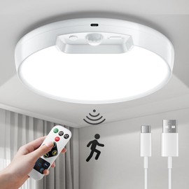 Homelist Luz de techo recargable recientemente actualizada, 8000 mAh, funciona con batería, luz de techo inalámbrica con sensor de movimiento con control remoto para armario, ducha, cobertizo, pasillo