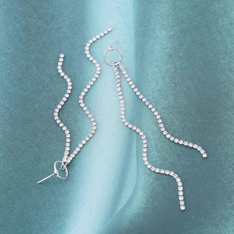 Cimenexe Bohemian Crystal Tassel Chain Dangle Earrings Silver Tennis Chain