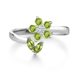 Gem Stone King 925 Sterling Silver Green Peridot and White Moissanite Flower Open Ring For Women (0.59 Cttw, Gemstone August Birthstone, Available In Size 5, 6, 7, 8, 9)