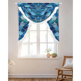 Abstract Fish Scales Swag Valances for Kitchen Window Dark Blue Mist Blue Gradient Elegant Rod Pocket Window Treatment Decor 39x41 inch Waterfall Curtain for Bedroom Bathroom,Over Sink Valances