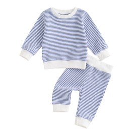 Baby Boy Fall Clothes Set Long Sleeve Crewneck Sweatshirts Pants Infant Newborn Waffle Stripe Outfits 6 12 18 24 Months (Stripe Blue, 3-6 Months)