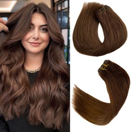 Sew in Human Hair Extensions Medium Brown Remy Human Hair Extensions Double Weft Human Hair Bundle Sew in Hair Extension Real Hair Extensions Full Head for White Women 14 inch 80G
