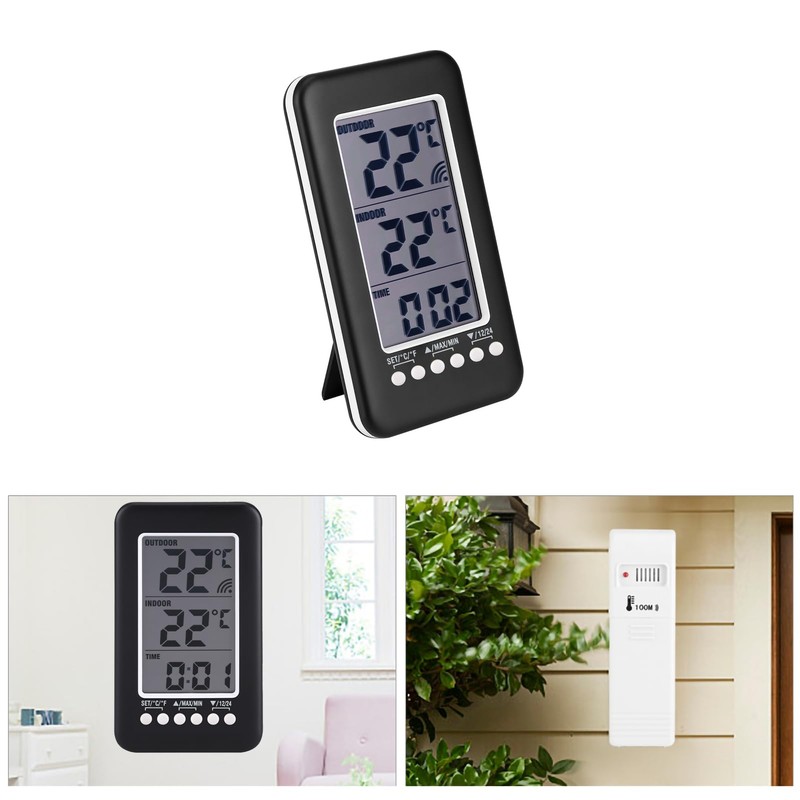 LCD Digital Indoor Outdoor Thermometer Clock Temperature Meter Wireless for