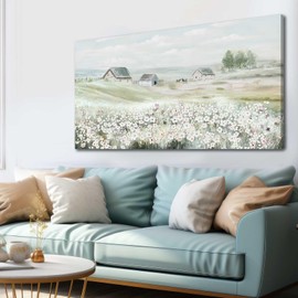 VAYIMDH Farmhouse Wall Art White Flowers Painting Rustic Scenery Green Pictures Wall Decor 24"x 48" Meadow Prints for Living Room Dining Room Bedroom Aesthetic