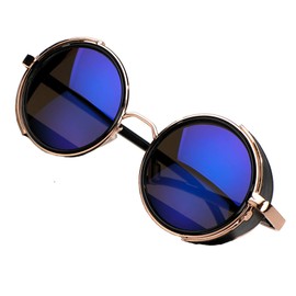 Unisex Round Steampunk Sunglasses Mirrored 50s Glasses Cyber Goggles MFAZ Morefaz Ltd (Blue Mirrored)