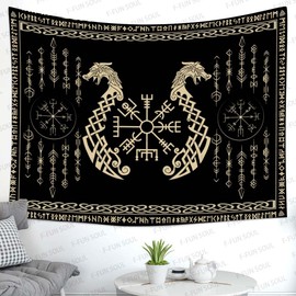 Nordic Vikings Tapestry, Large 80x60inches Soft Flannel, Vegvsir Symbol Twins Dragons Celtic Rune Scandinavian Aesthetic Mythology Tapestry Wall Hanging for Bedroom Living Room Decor GTZYFS1626