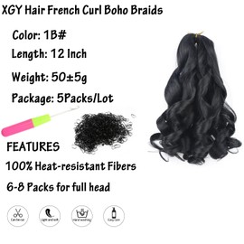XGY Hair Black French Curl Boho Braiding Hair 12 Inch Short Bob French Curly Braids 5 Packs Curly Slay Braiding Hair Skin-friendly Bouncy Synthetic Braid Extensions (Black, 12inch)