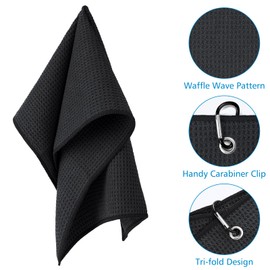 [3 Pack]Microfiber Golf Towels (40x40cm) with Carabiner Clip & Hook, Convenient Golf Cleaning Towel, Waffle Pattern Tri-fold Handy Picks Towel (Black+Black+Black)