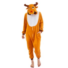 NEWCOSPLAY Unisex Adult Brown Reindeer Onesie Pajamas Animal One Piece Costume Cosplay Sleepwear (Brown Reindeer, X-Large)