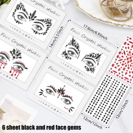 Face Gems for Women 6 Sheets Red Black Face Jewels Stick On Self Adhesive Rhinestones Stickers for Makeup Music Festival Rave Party