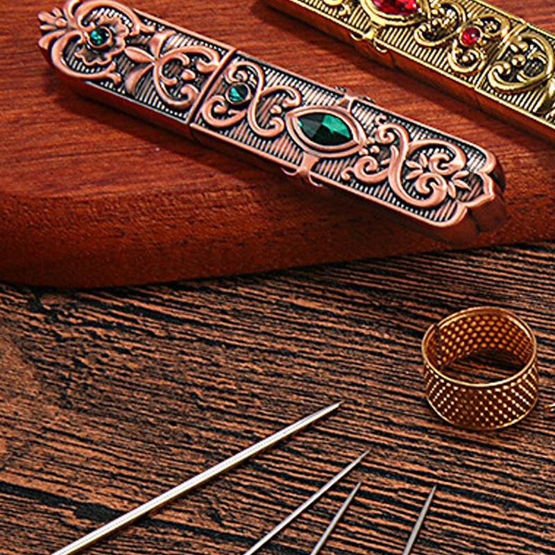 Vintage Needle Case Set Rhinestone Carved Pattern Fashionable Sewing Needles
