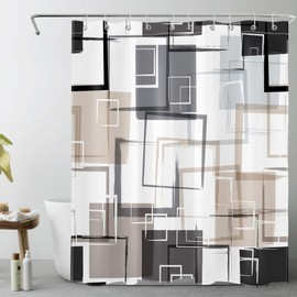 MEUNEAR Black and Tan Geometric Shower Curtain with Hooks, Grey and White Abstract Striped on White Fabric Shower Curtain for Bathroom Decor Modern Minimalist Shower Curtain Set,72L X 60W inches