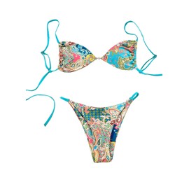 SOLY HUX Women's Boho Print Tie Back Swimsuit High Cut Thong Bikini Sets 2 Piece Bathing Suit Multicoloured Paisley Small