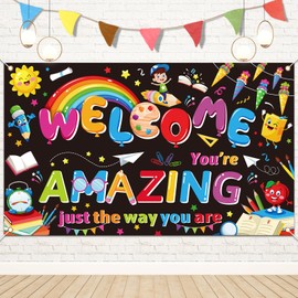 Qpout Large Welcome Back to School Banner,First Day of School Banner,Classroom Decorations Banner, Bulletin Board and Wall Decor for Pre School and Elementary Themes 72.8x43.3inch