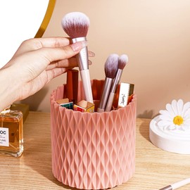 GGIANTGO Makeup Brush Holder Organizer, 360 Degree Rotating Pen Pencil Holder for Desk with 5 Compartments, Multifunctional Make Up Organizers and Storage for Lipsticks, Hair Accessories (Pink)