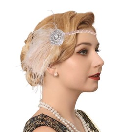 Asooll Vintage 1920s Feather Headpiece Pearl Crystal Flapper Headband Party Prom Hair Accessories for Women and Girls