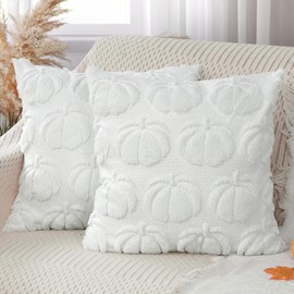 Fall Pillow Covers 18 x 18 Set of 2, Decorative Autumn Pumpkin Pattern Throw Pillow Cases, Soft Plush Faux Fur Wool Couch Cushion Case for Chair Sofa Bedroom Living Room Home Decor, Cream White