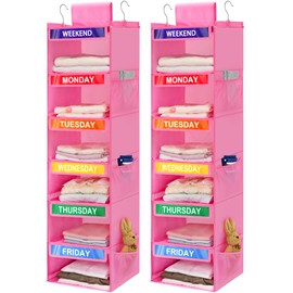 Fivebop 2 Pack 6-Shelf Weekly Clothes Organizer for Kids, Hanging Daily Closet Organization with 6 Side Pockets, Days of The Week Clothing Divider Storage for Boys and Girls (Pink)