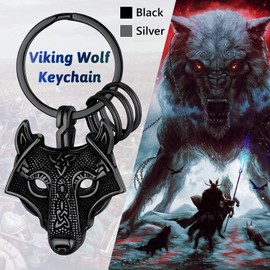 FaithHeart Punk Black Wolf Head Keyrings with 3 Circle Rings for Men